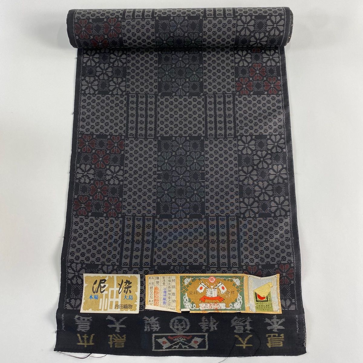 ANo.1940 未使用正絹大島紬(樹下鳥獣)幾何学袋帯　証紙　美品 袋帯 美品 名品 証紙 大島紬地 幾何学 銀彩 茶緑色 全通 正絹