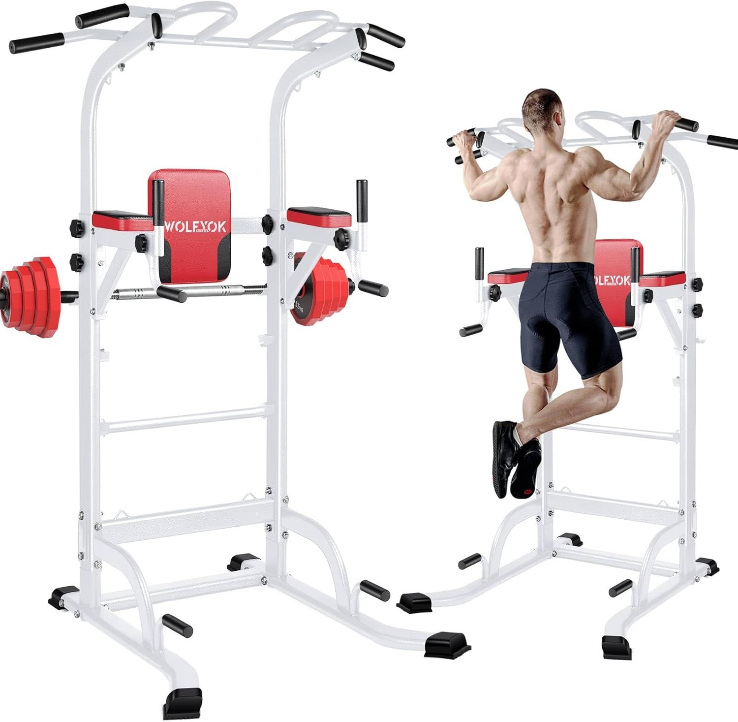 懸垂マシン 7in1多機能 改良バー 耐荷重200kg チンニングスタンド 高度11段調節 Wolfyok fitness ぶら下がり健康器 けんすいマシーン 筋トレ器具 背もたれ6段 アームレスト3段 土台π字型 ディップス マルチバー付き