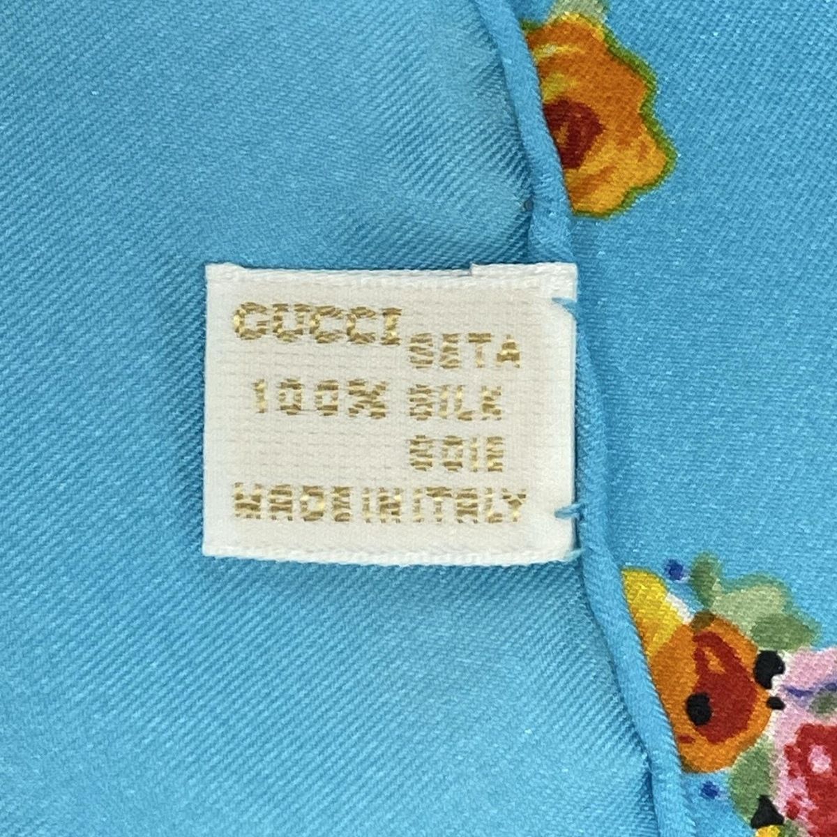 GUCCI ブルー花柄スカーフ　美品 グッチ GUCCI/スカーフ ブルー 花柄 フラワー パンジー 木目