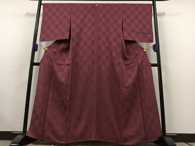 平和屋着物 世界的友禅作家 千地泰弘 色無地 単衣 市松地紋 暗紅色 正絹 AABC0707jh