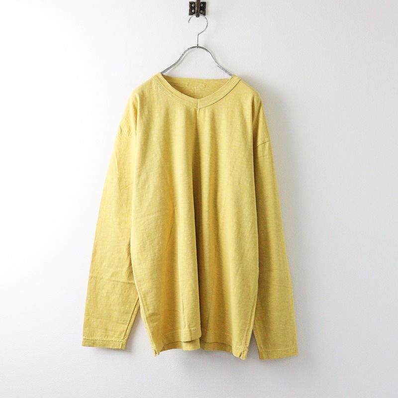 美品 メンズ フォーティファイブアール 45R 度詰天竺の908 Vネック長袖Tシャツ 4/イエロー ジンバブエコットン TEE【2400014058543】