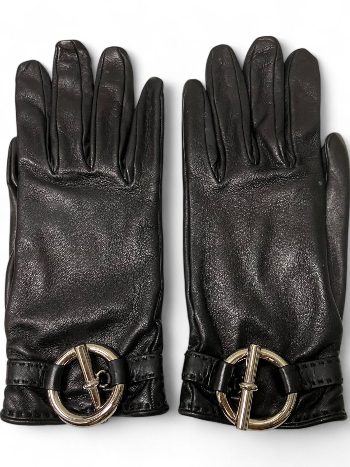 HERMES シルバー金具 レザーグローブ レディース ブラック 6 1/2