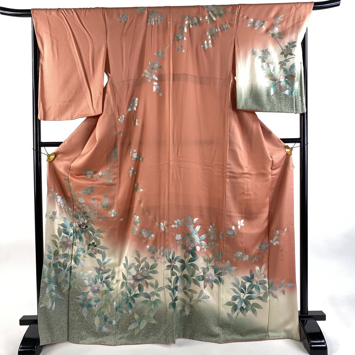 訪問着 身丈170cm 裄丈68cm L 袷 藤本隆士 落款 草花 螺鈿 金銀彩 薄オレンジ 正絹