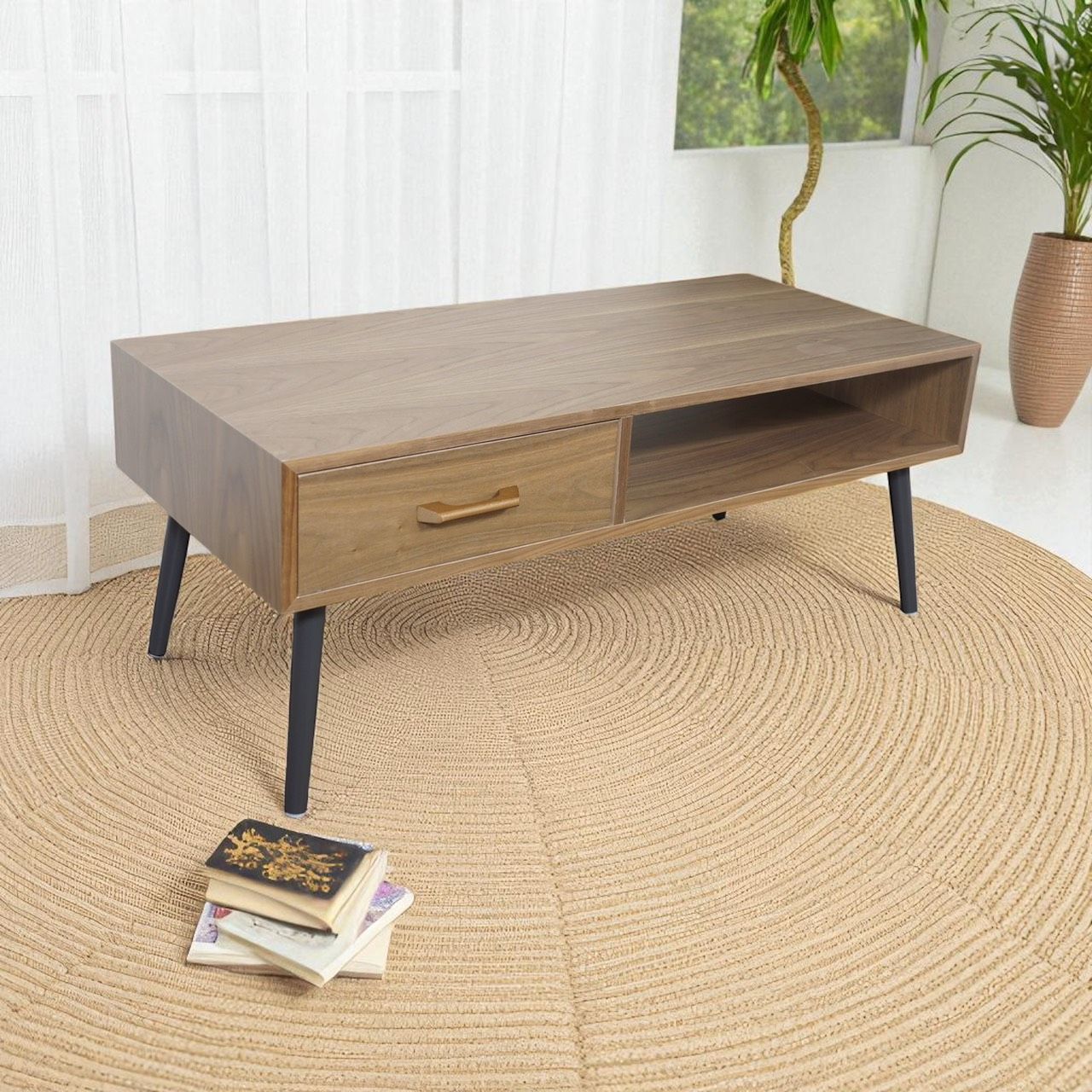 E モダンデザイン ローテーブル 幅100cm ナチュラル 引き出し 収納付き