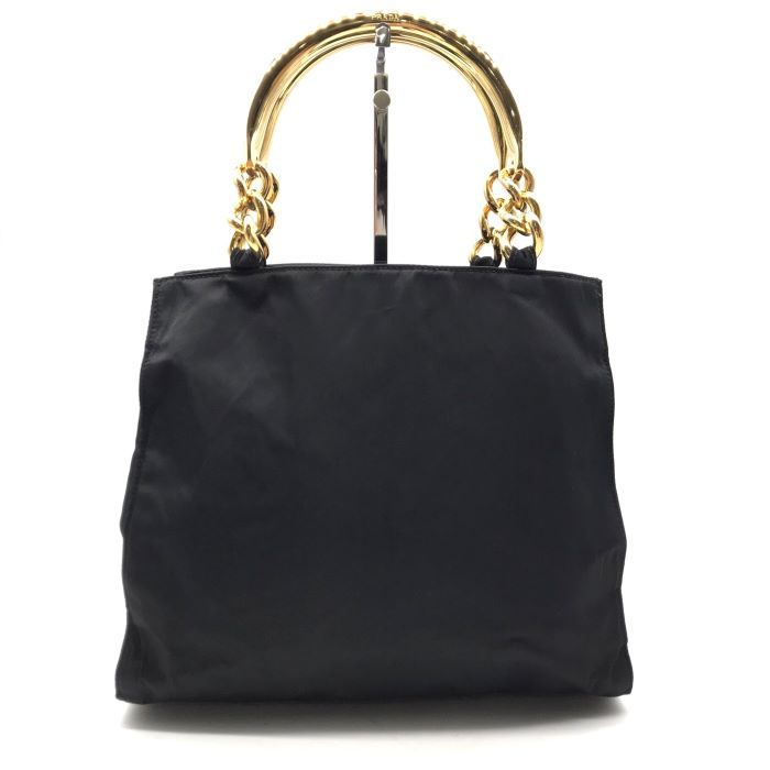 良品 プラダ ナイロン ハンド バッグ 三角プレートロゴ ブラック 黒