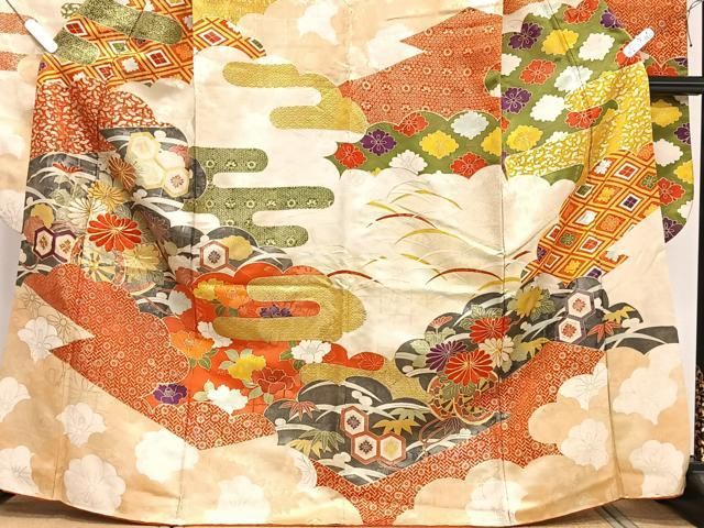 豪華振袖　駒刺繍　流水舞鳥文　暈し染め　金彩　着丈168cm　正絹　逸品 平和屋着物□豪華振袖 駒刺繍 総刺繍 吉祥花文 金彩 正絹 逸品