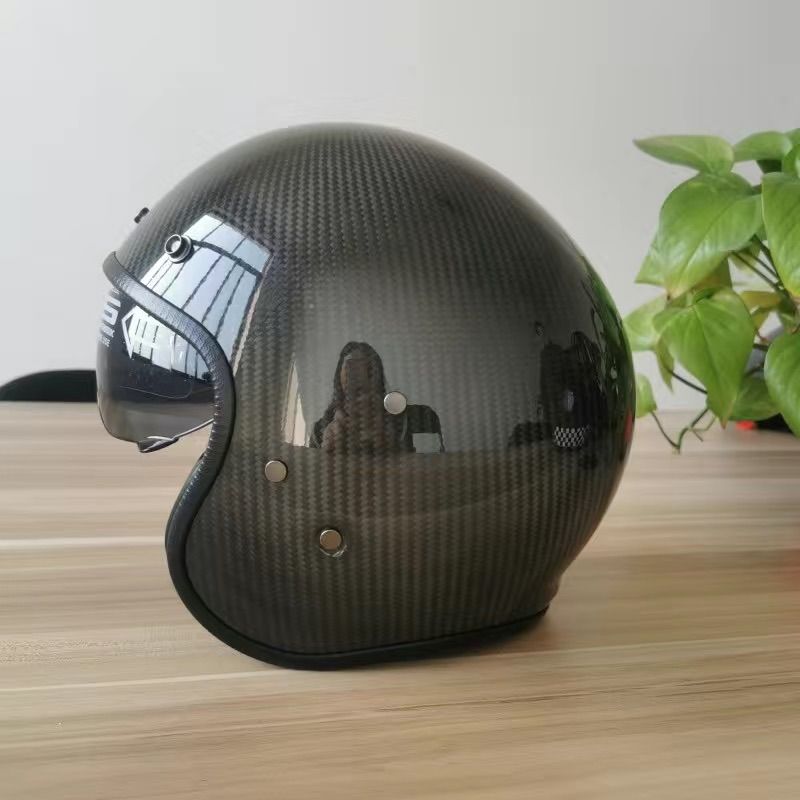 高品質ジェットヘルメットカーボンファイバー製 リアルカーボンバイクヘルメット ジェットヘルメットハーレー ヘルメット トレロ人気デザイン 艶ありカーボン レザーエッジングライニング 内蔵レンズ収納 3ｋ スタイリッシュデザイン