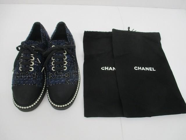 良品 シャネル CHANEL シャネル スニーカー ツイード パール