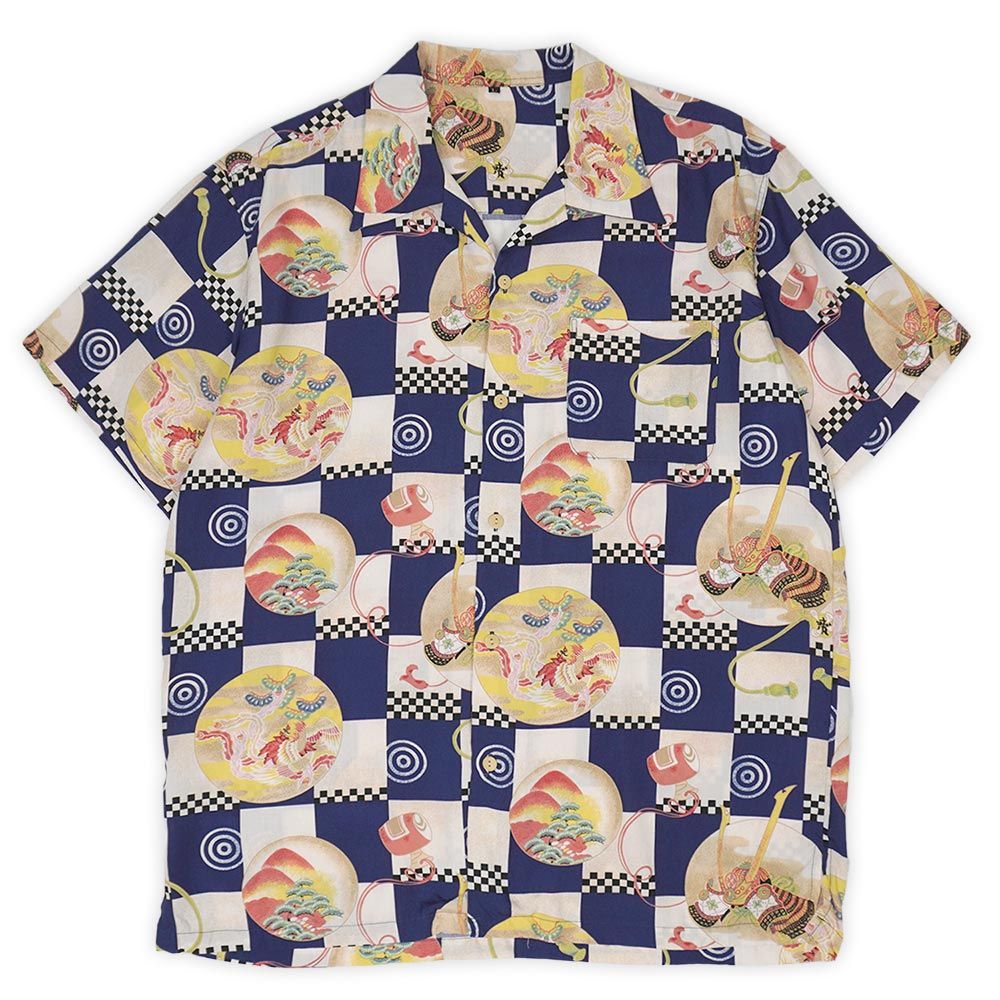 unknown 90s 00s 和柄 総柄 ハワイアンシャツ アロハ レーヨン オープンカラー 開襟 USA ヴィンテージ ビンテージ VINTAGE アメリカ 古着 メンズ シャツ ネイビー×ホワイト L【中古】