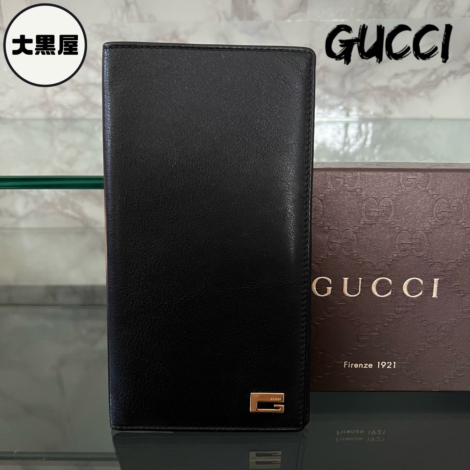 美品 GUCCI グッチ 長財布 折り財布 ブラック ゴールド GG プレート