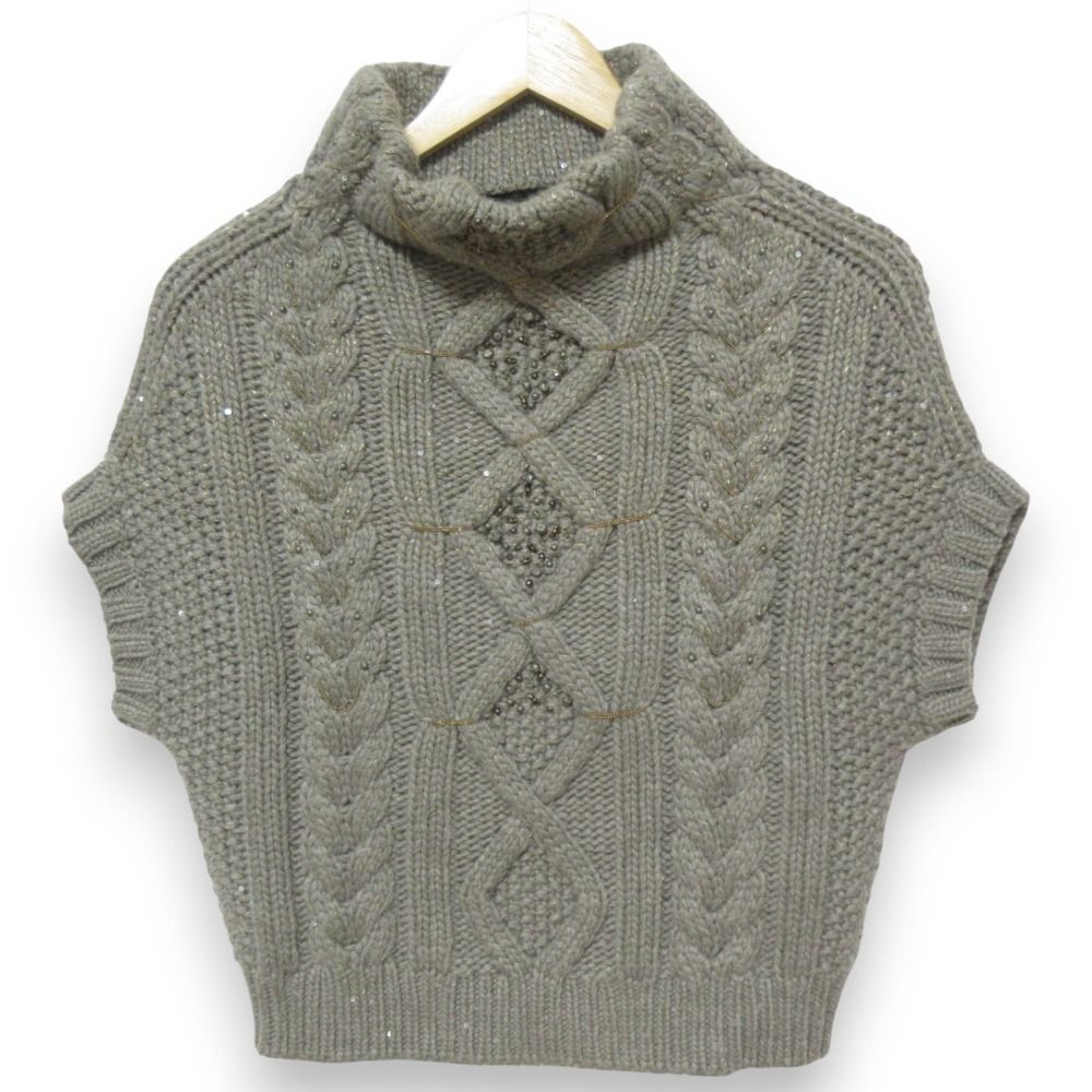 BRUNELLO CUCINELLI ブルネロクチネリ カシミヤ モニーレ ハイネック ショートスリーブ ケーブルニット セーター M グリーン系 レディース 古着