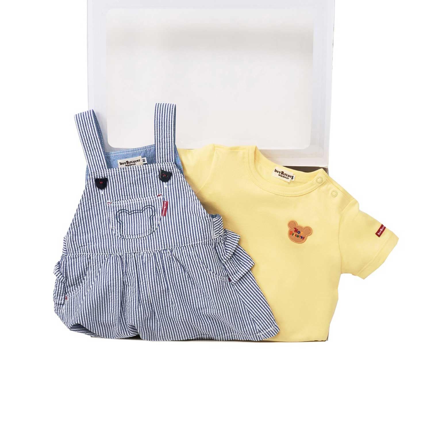【特価商品】出産祝い ベビーギフト 子供服 ベビー 【BOX付き】 女の子 黄 男の子 ギフトセット 100cm ジャンパースカートu0026Tシャツセット ホットビスケッツ] 74-9922-498 [ミキハウス