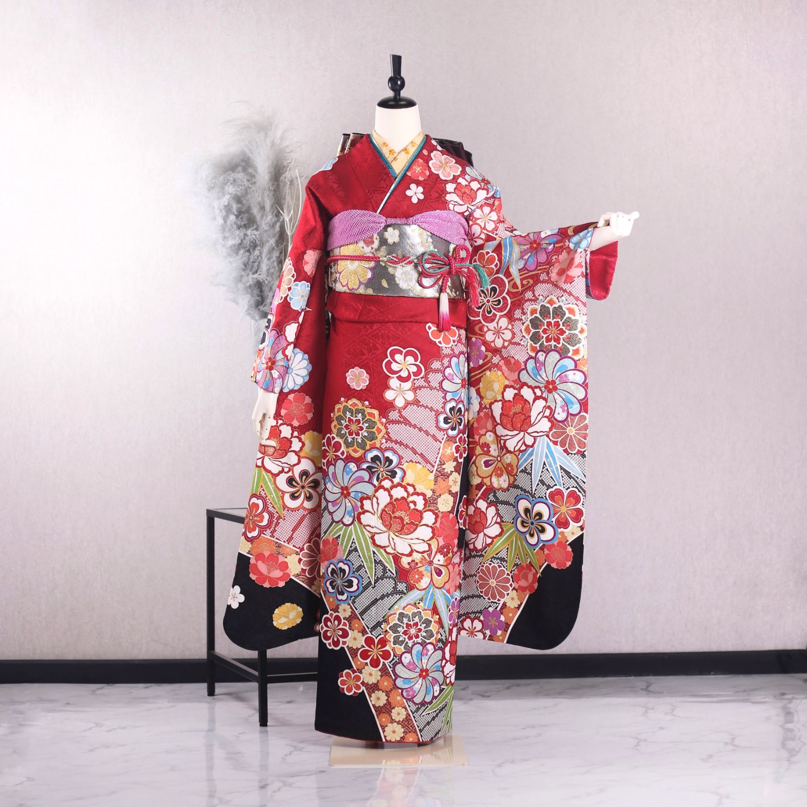 振袖フルセット 振袖セット 振袖 Lサイズ 中古 赤×モダン 美品 成人式 