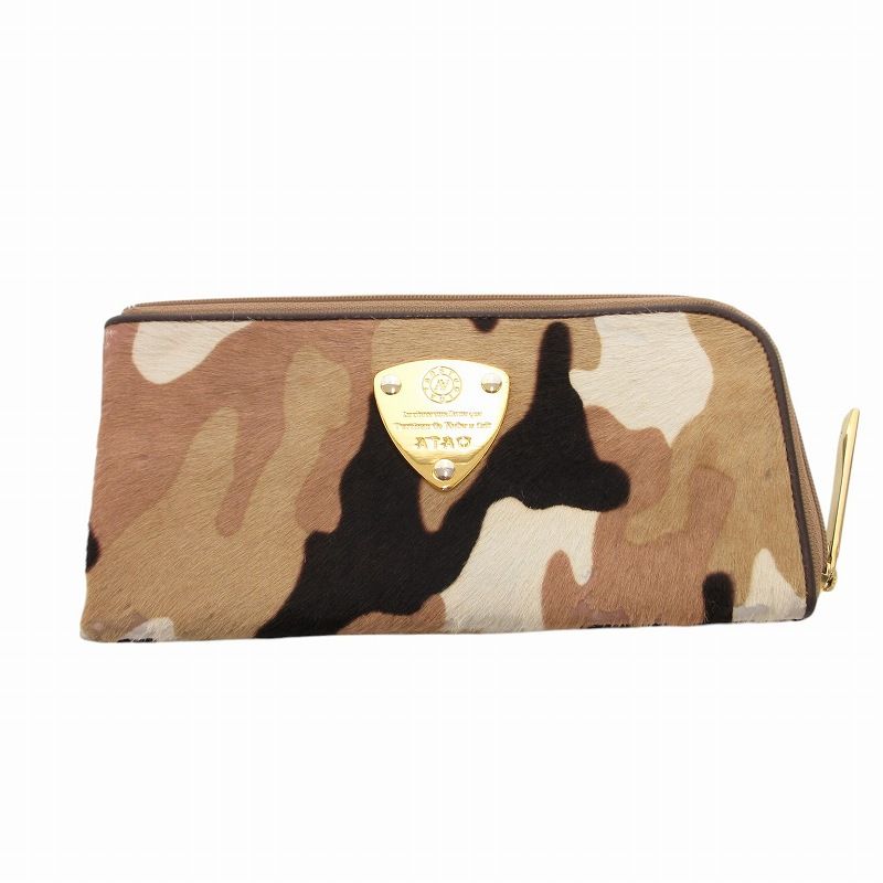 アタオ ATAO 長財布 ウォレット アニマル柄 ハラコ ロゴ L字ファスナー 茶 ブラウン ベージュ /FF ■GY18