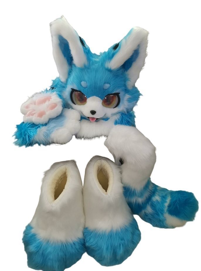 ファースーツ 着ぐるみセット NO.2 キツネ 青 ヘッド 手袋 尻尾 全頭ヘッド ケモノ ファースーツ ぬいぐるみ コスプレ コスチューム
