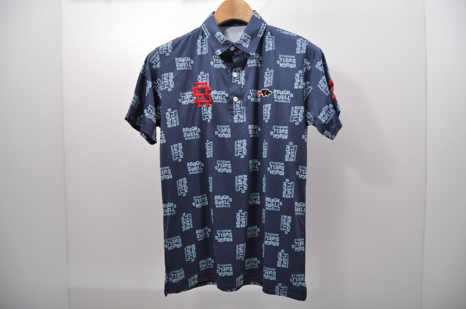 中古 メンズ ラフ＆スウェル roughu0026swell 半袖ポロシャツ S 青系 ブルー×水色 ロゴ総柄