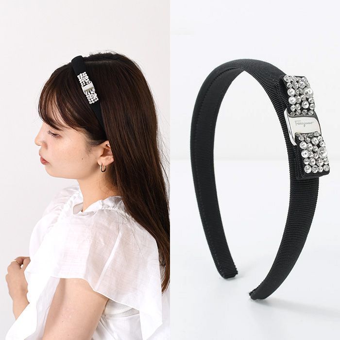 Ferragamo ブラックカチューシャ クリスタル装飾　リボン　フェラガモ FERRAGAMO フェラガモ ヘアアクセサリー VARA ヴァラ クリスタル