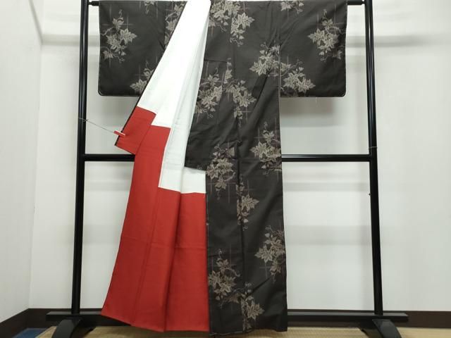 平和屋着物▽本場大島紬 単衣 7マルキ 花唐草文 反端付き