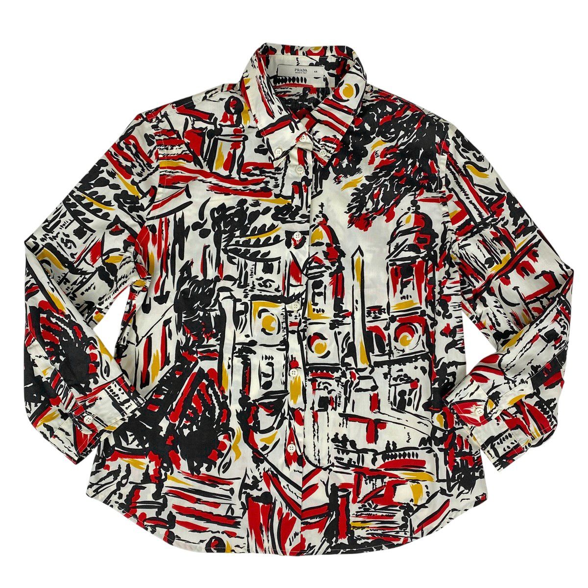 プラダ PRADA ボタンダウン 長袖シャツ 総柄 トップス 長袖シャツ コットン ホワイト レッド ブラック レディース