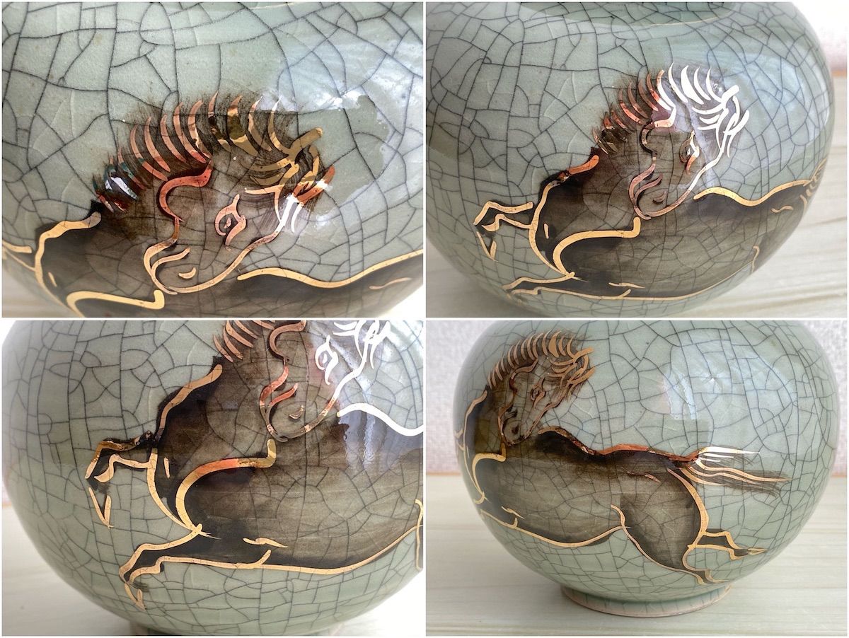 KK023】相馬焼 花瓶 静山 作 金彩馬絵 胴径約15.5cm 高さ約13cm