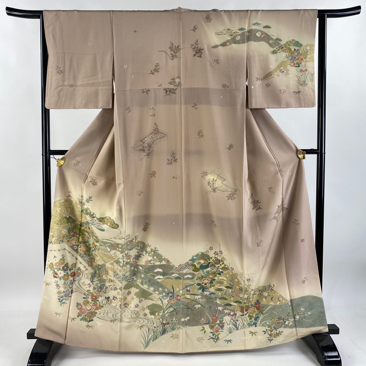 訪問着 身丈164.5cm 裄丈64cm M 袷 笠松 牡丹 刺繍 金糸 薄小豆 正絹 名品