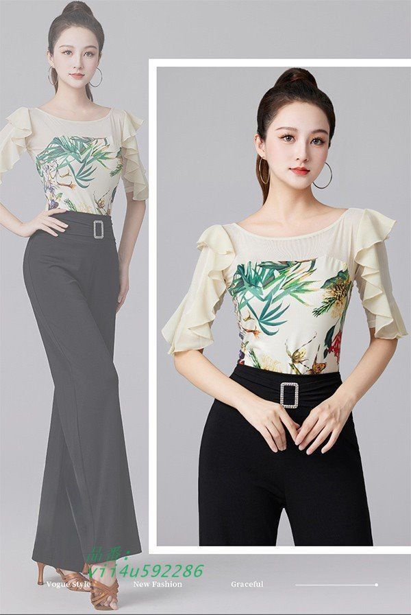 社交ダンス トップス 社交ダンス衣装 上着 大きいサイズ 花柄 社交ダンス フリル ダンスTシャツ 透け感 ラテンダンス ダンス用シャツ XZ0524