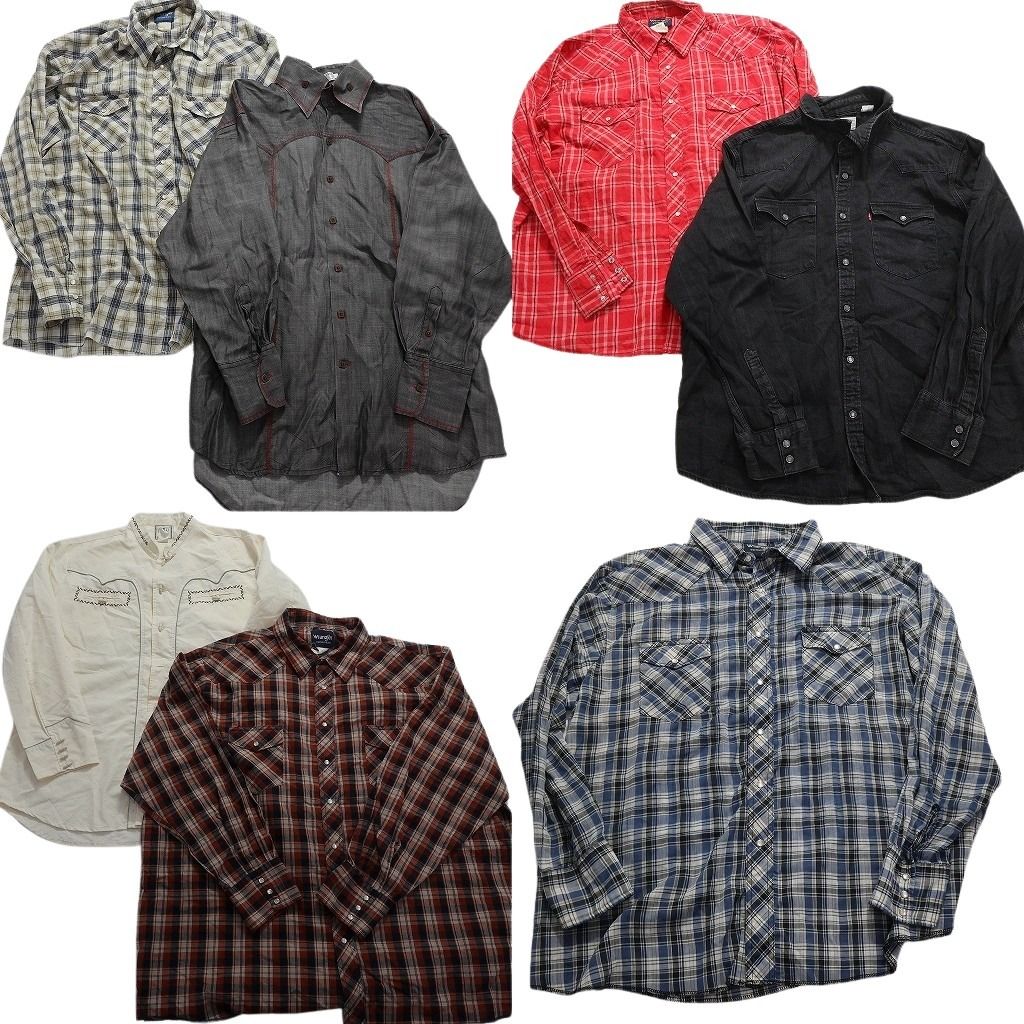 古着卸 まとめ売り ウエスタン 長袖シャツ 7枚セット (メンズ 2XL /3XL )ラングラー チェック リーバイス ブラックデニム 中古 古着 MX8141