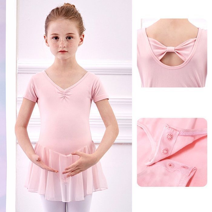 バレエ 子ども スカート付き 背中 リボン レオタード 前開き フリルスリーブ シフォンスカート 半袖 子供 ジュニア キッズ こども おしゃれ コットン 綿 レッスン 練習 着 シンプル 可愛い か