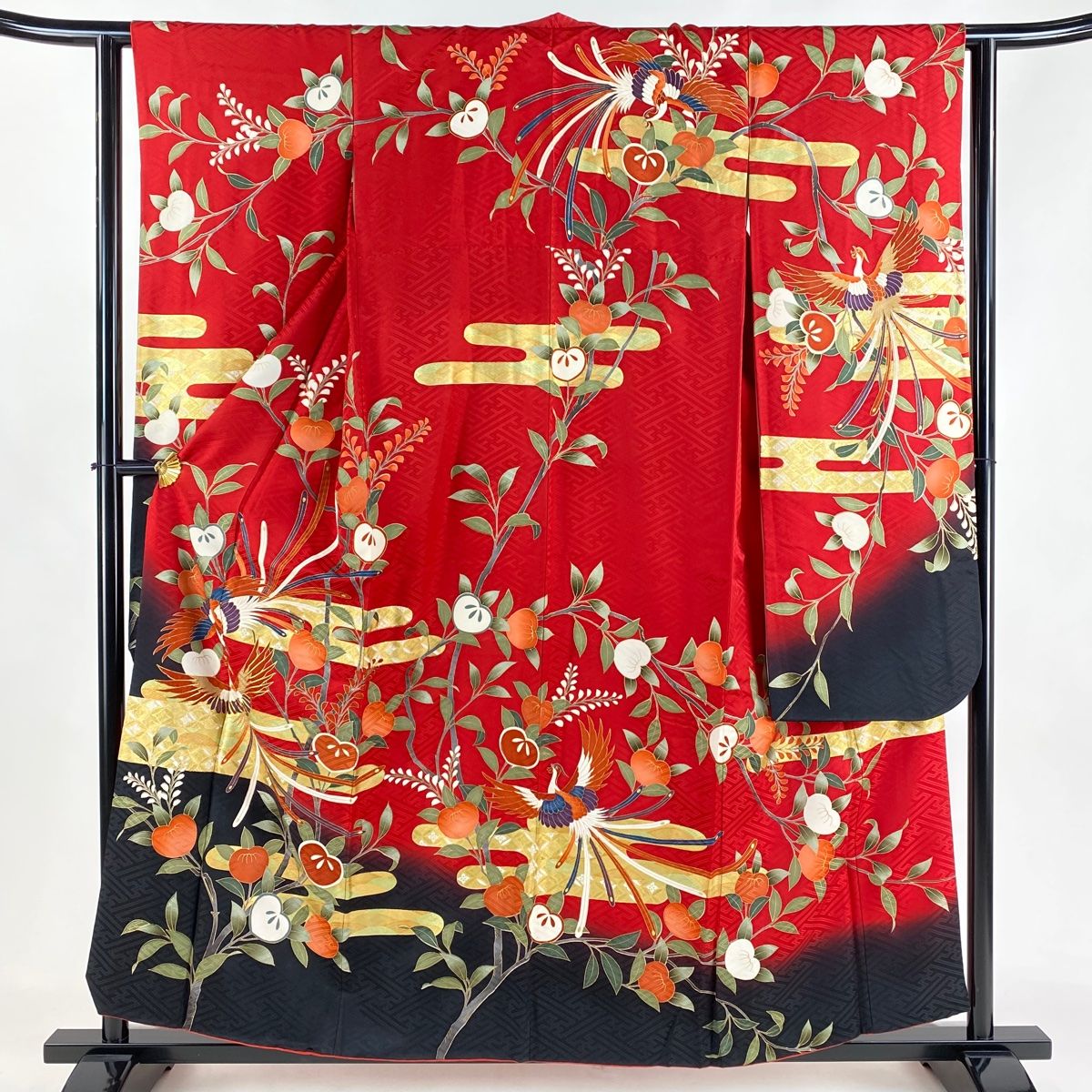 振袖 身丈157cm 裄丈62cm S 袷 鳳凰 橘 金糸 金彩 赤 正絹 名品