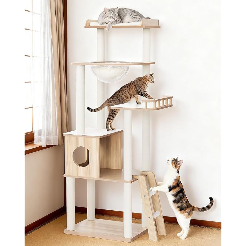 OROPY キャットタワー 据え置き型 木製 157cm 5段猫タワー 多頭飼い 大型猫対応 短足猫 老猫 太り気味猫に優しい 宇宙船ハンモック 隠れ家 展望台 爪とぎポスト 階段付き 0