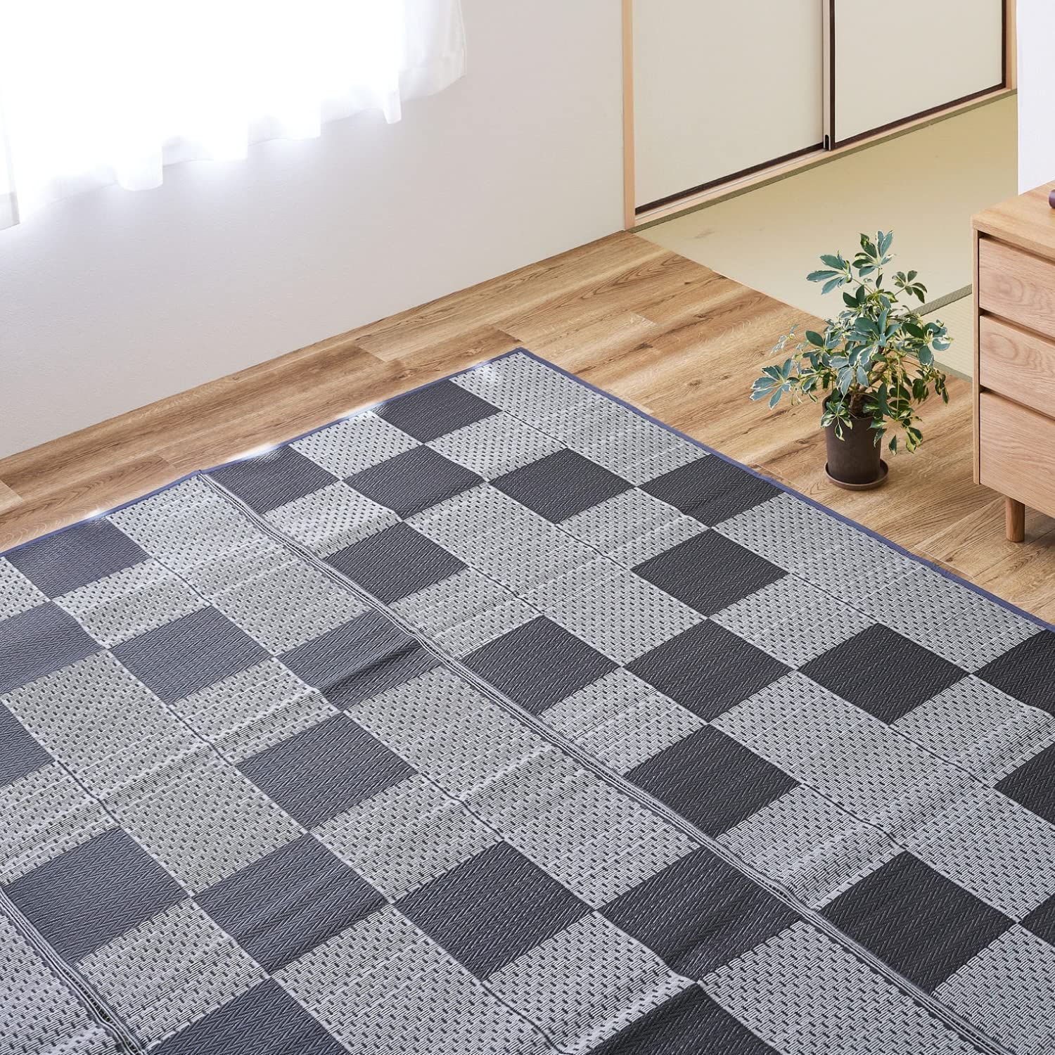 グレー_2畳_江戸間 萩原 洗える い草風カーペット グレー 江戸間2畳 約174X174cm 「矢倉」 ラグ 花ござ モダン 和風 市松柄