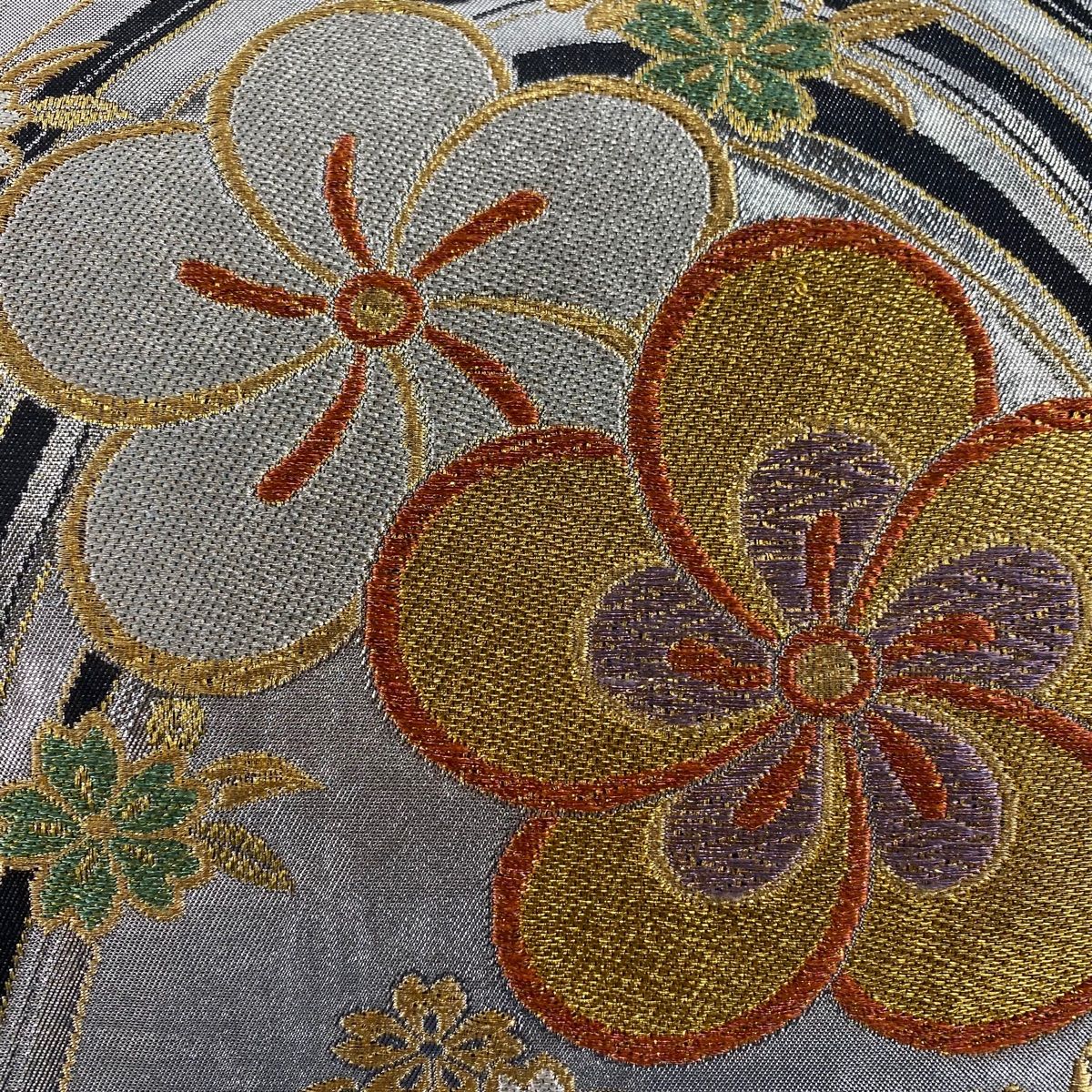 豪華振袖 袋帯☆正絹☆六通☆紫とシルバーの乱菊☆金糸☆銀糸☆ラメ/袋帯単品 振袖 正絹 試着品 鉄紺 銀糸ラメ 牡丹 あやめ 菊 桜 総柄 着丈