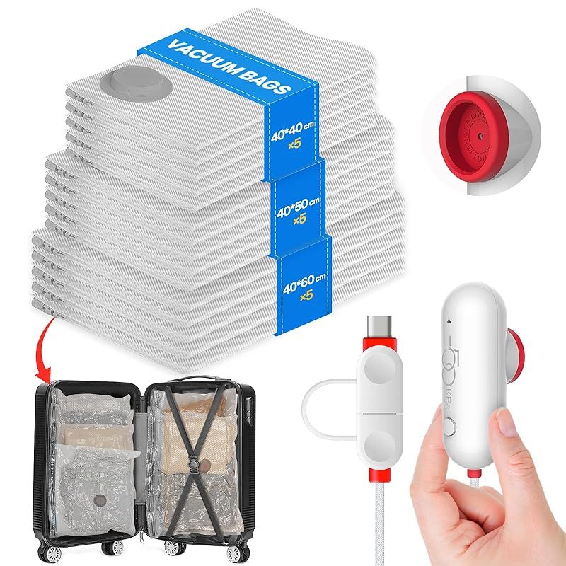 人気SALE，大人気 Vacbird 旅行用圧縮袋 衣類圧縮袋 掃除機不要 USB電動ポンプ付き 圧 縮 袋 衣類 収納 15枚 40×40cm×5/ 40×50cm×5 /40×60 cm×5 服 圧 縮 袋 高密封性 節約スペース 真空袋 防水 防塵 防臭 カビ対策 再利用 IoTデバイス(スマートデバイス)