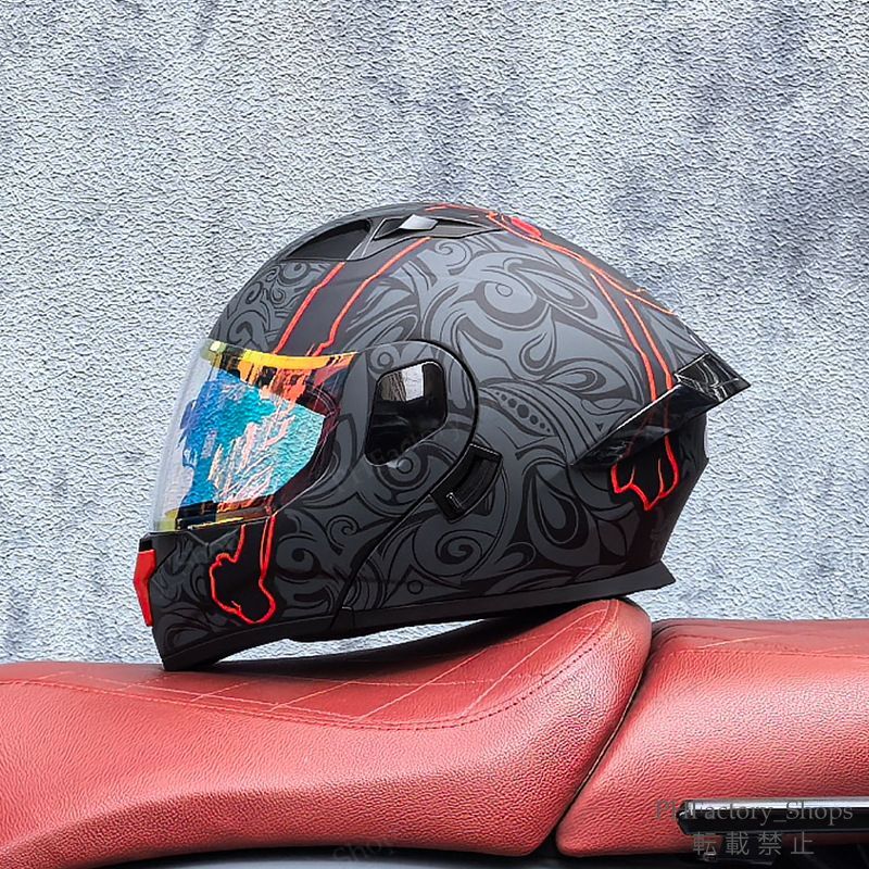 バイクヘルメット フリップアップヘルメット フルフェイスヘルメット DOT承認 クラッシュヘルメット 耐久性 安全性 通気性 男女兼用 マットブラック＆レッド A142