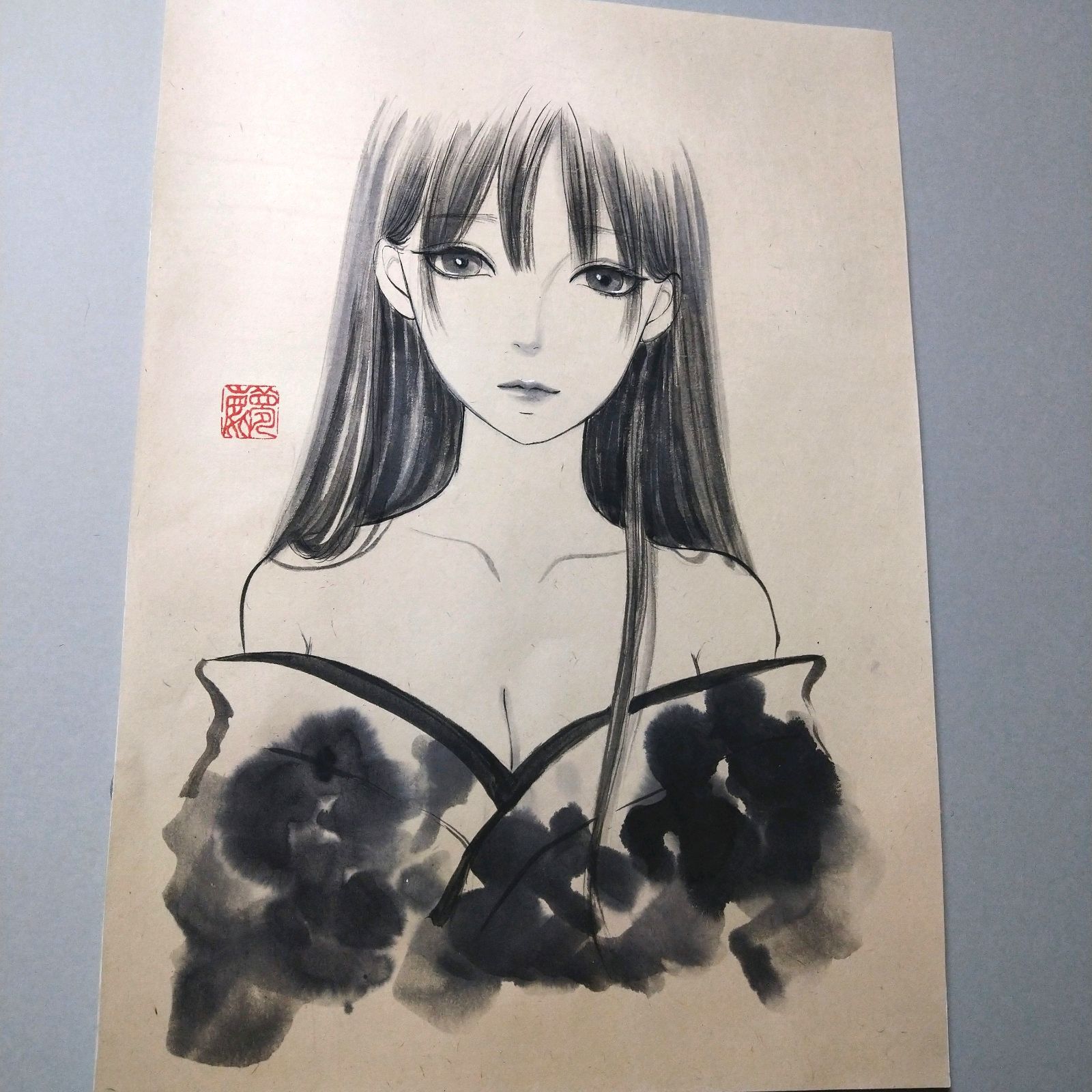 肉筆原画 墨絵 水墨画 美人画 ヌード A4 日本画 - 美術品