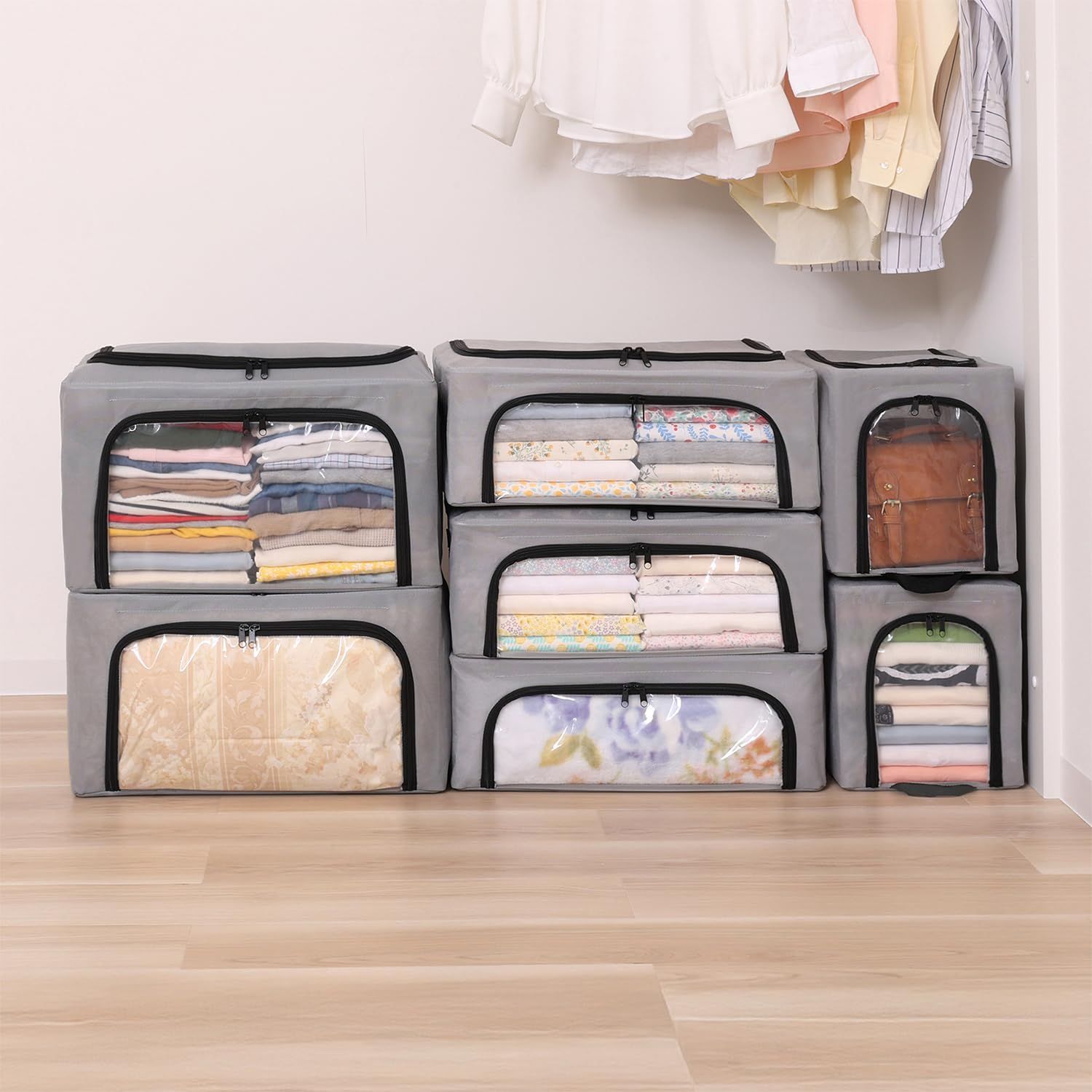 衣類収納 洋服 持ち手 ボックス 透明窓 通気性の良い不織布がホコリなどの汚れをガード 衣装ケース 上からも前からも出し入れできる クローゼット ワイヤー入りで積み重ねて収納できる 押し入れ 7個組 大2個 中3個 小2個 収納ケース グレー ワ