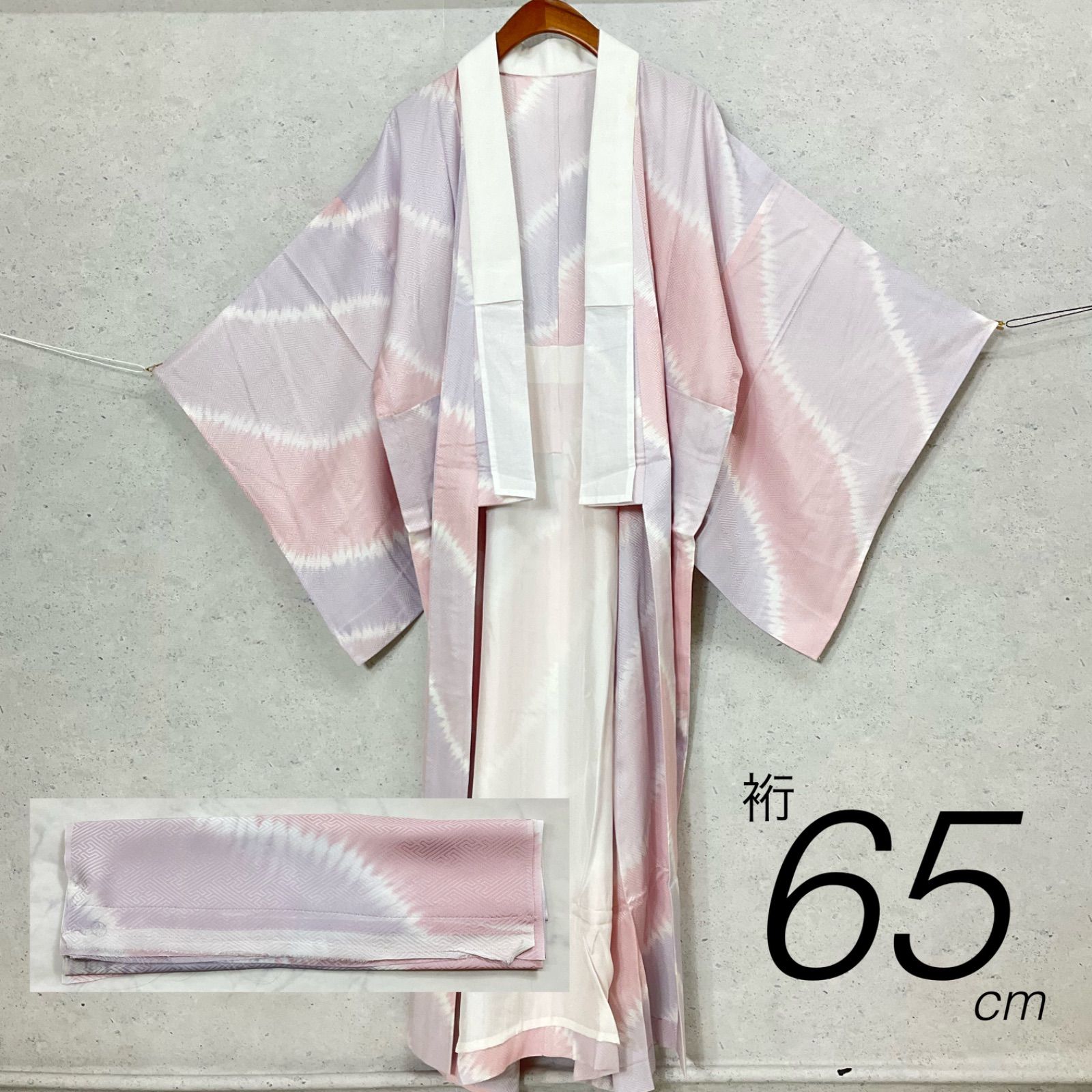 着物kimono+one◆素敵な長襦袢◆単衣◆居敷当て付き◆衣紋抜き付き◆余り布付◆ガード加工◆三松シルクケア◆パステルカラー◆ピンク◆紫◆裄65肩丈126.5◆小紋紬附下訪問着留袖袷単衣夏着物◆K1151