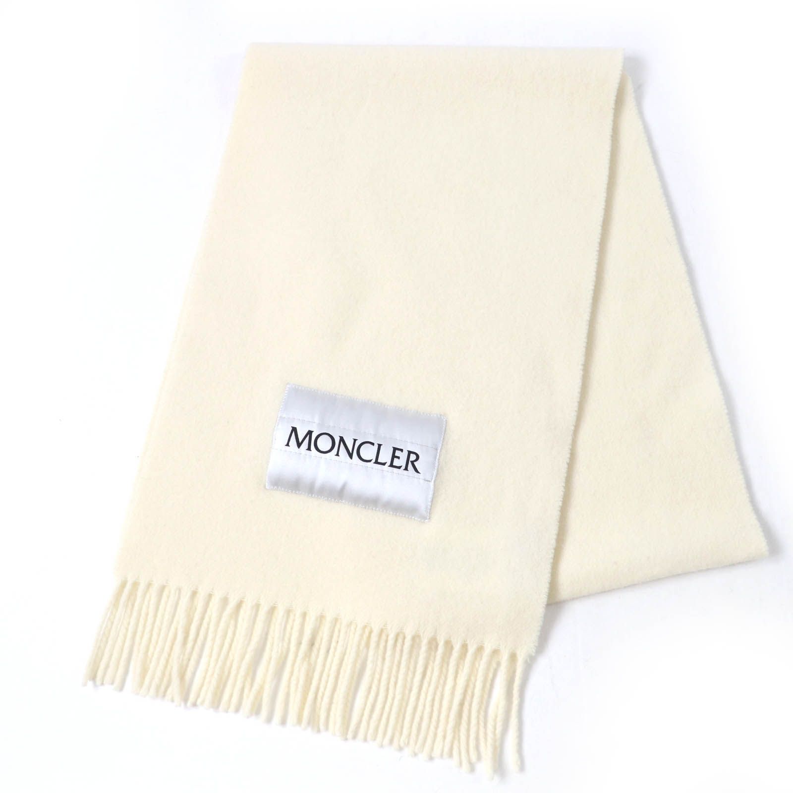 MONCLER モンクレール SCIARPA ウール100％ ロゴ入り フリンジ付 マフラー アイボリー イタリア製 レディース
