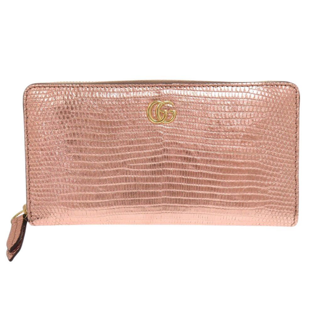 新品同様 グッチ GGマーモント 456117 リザード ピンク ラウンド