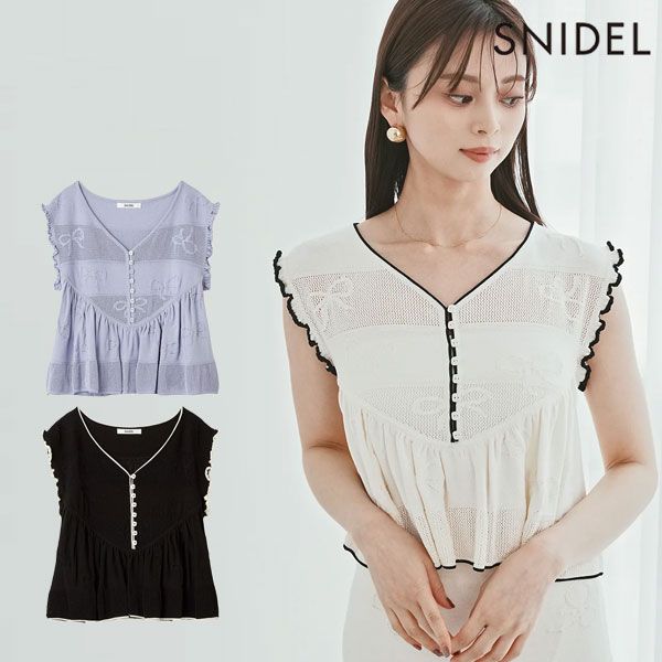 10%OFF スナイデル SNIDEL トップス 25春夏 リボンJQニットプルオーバー クロップド丈 ノースリーブ ニット swnt252158