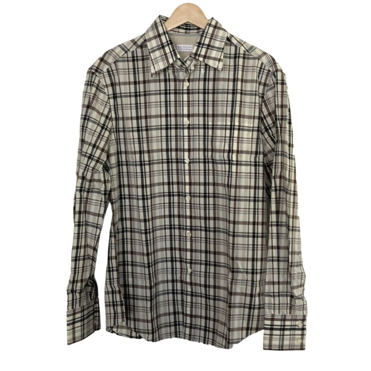 BRUNELLO CUCINELLI ブルネロクチネリ 長袖シャツ サイズM メンズ - アイボリー×ダークブラウン×黒 チェック柄