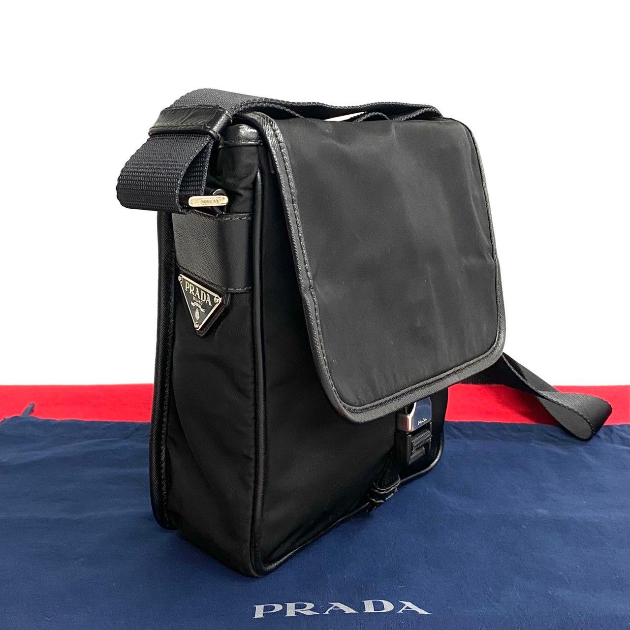 極 美品 レア PRADA プラダ 三角ロゴ 金具 ナイロン レザー 本革 ミニ  