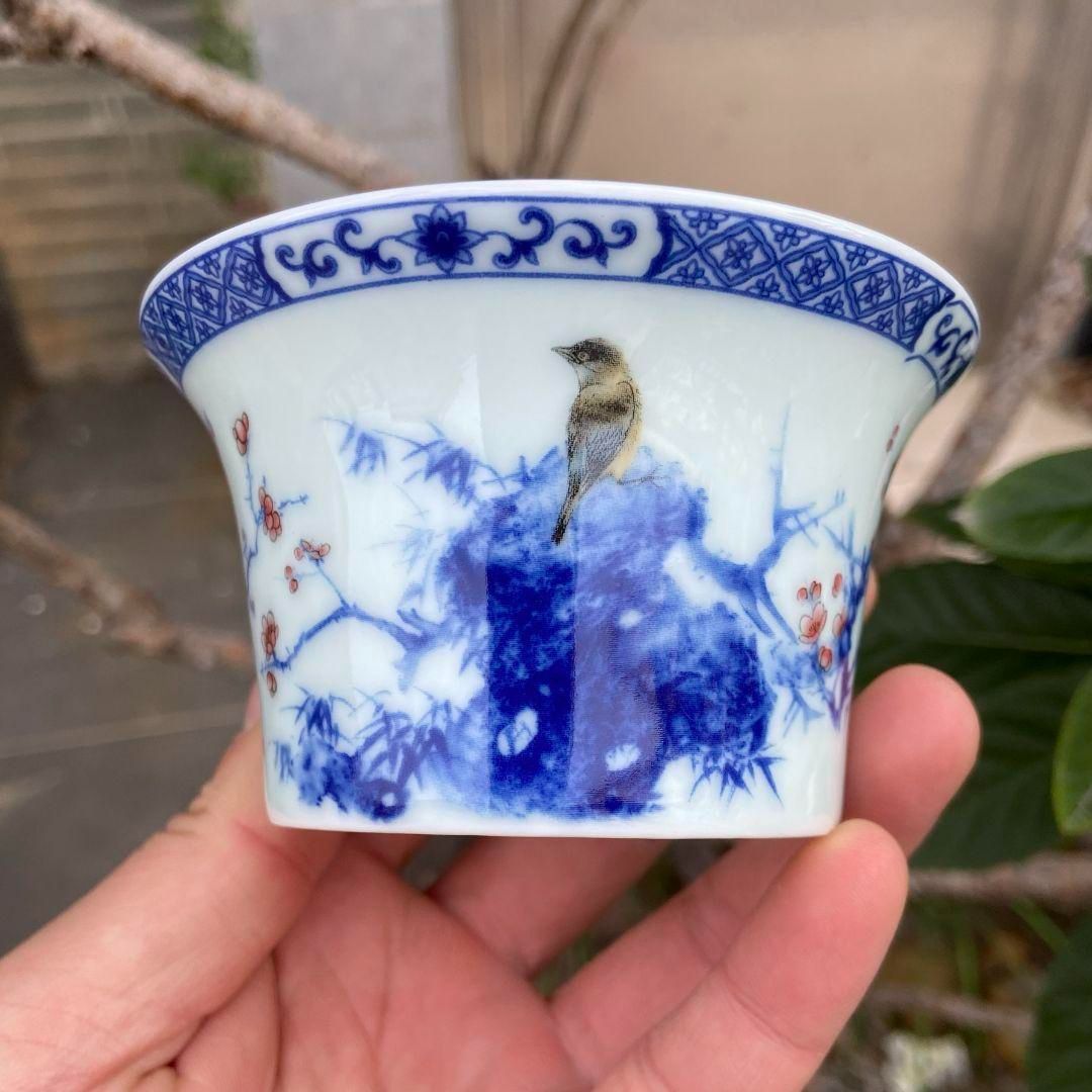 中国茶器 景徳鎮 陶磁器 青花馬蹄三才蓋碗 喜上眉梢 茶碗 煎茶器