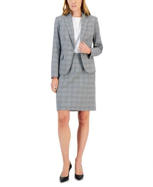 送料無料 アンクライン レディース スカート ボトムス Women s Glen Plaid Single-Button Skirt Suit Anne Black|bright White