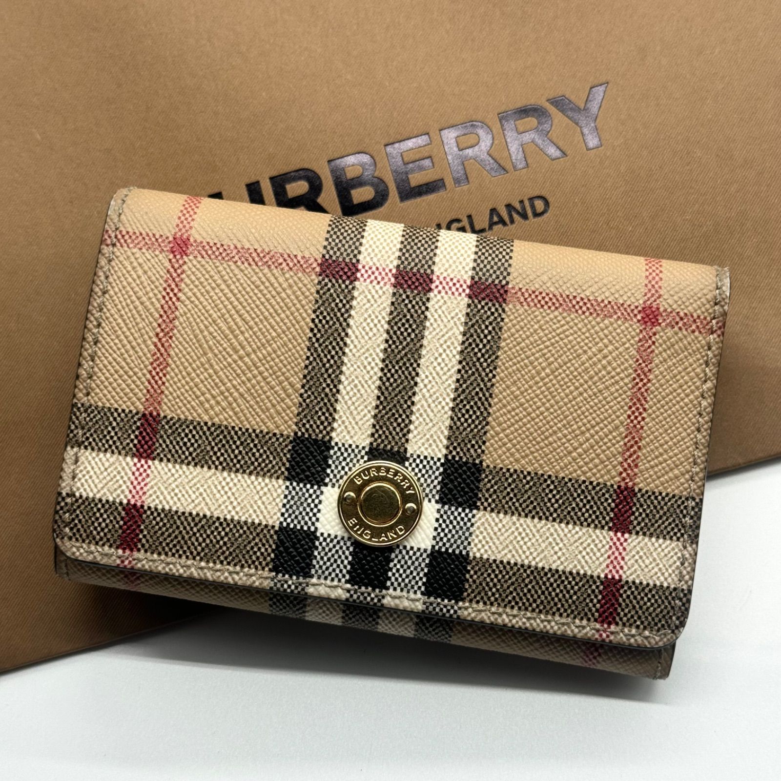 極美✨BURBERRY バーバリー 三つ折り財布 コインケース 小銭入れ カードケース カード入れ 名刺入れ 定期入れ PVC 金ボタン  ヴィンテージチェック レザー ブラック - メルカリ