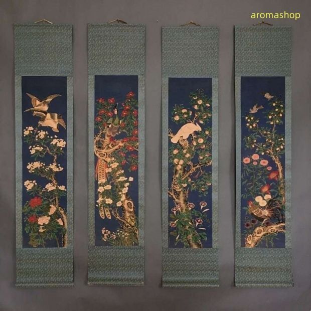 店長勧め 極美品 ！ 中国美術 掛軸 4枚セット 花鳥絵柄 鑑賞 巻物 中堂