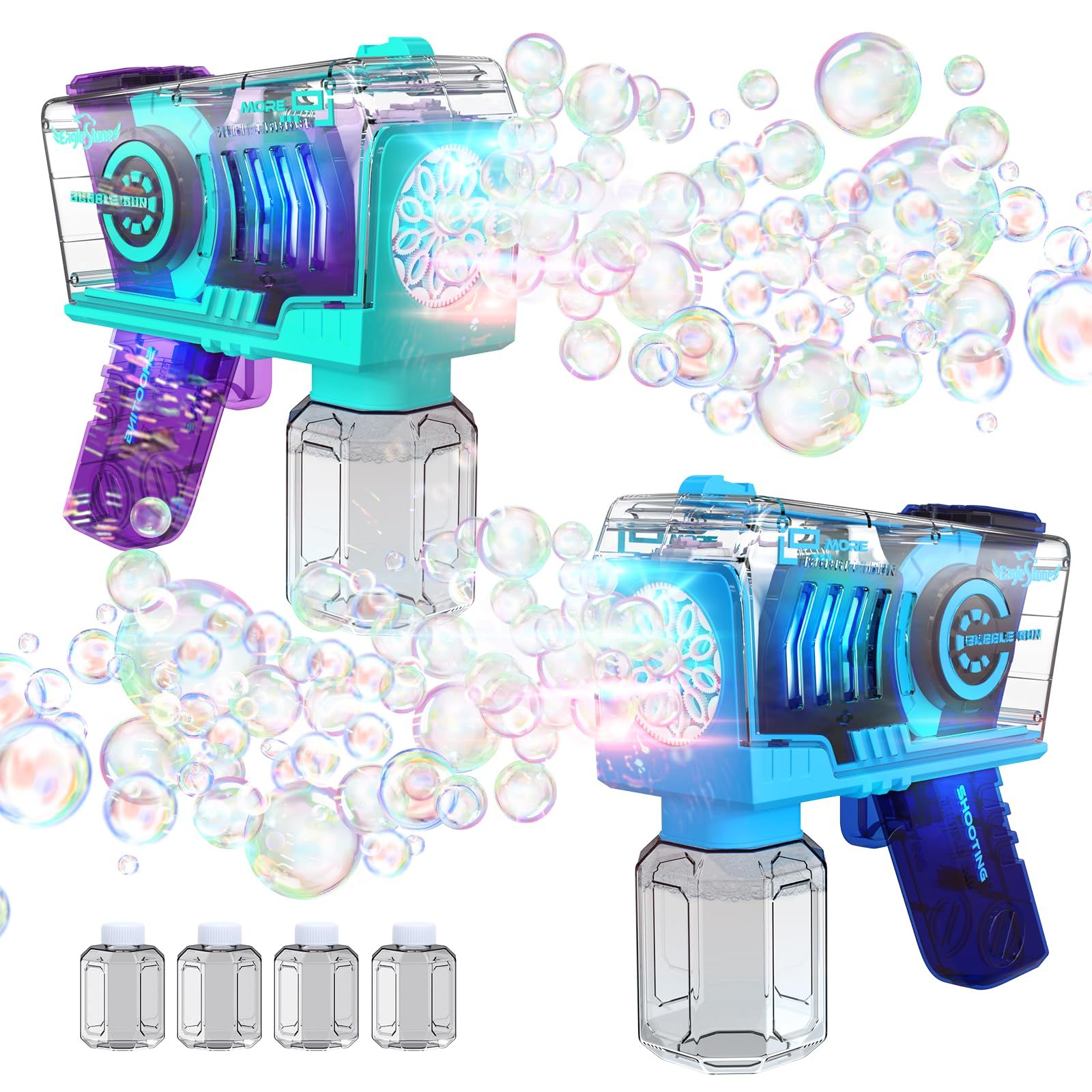【迅速発送】EagleStone シャボン玉 電動 おもちゃ バブルガン 2個セット 電動シャボン玉 LEDライト 予備ボトル4瓶 10泡穴 長距離発射 液漏れ防止 握りやすい 強力モーター 外遊び キャンプ ピク