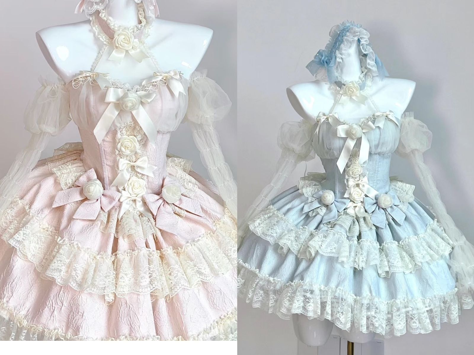 ロリータ コスプレ 袖付き ドレス Lolita 姫ロリ 甘ロリ バラ リボン オリジナル ワンピース 洋装 jsk 学園祭 ステージ 撮影会 自撮り イベント 2色から選択
