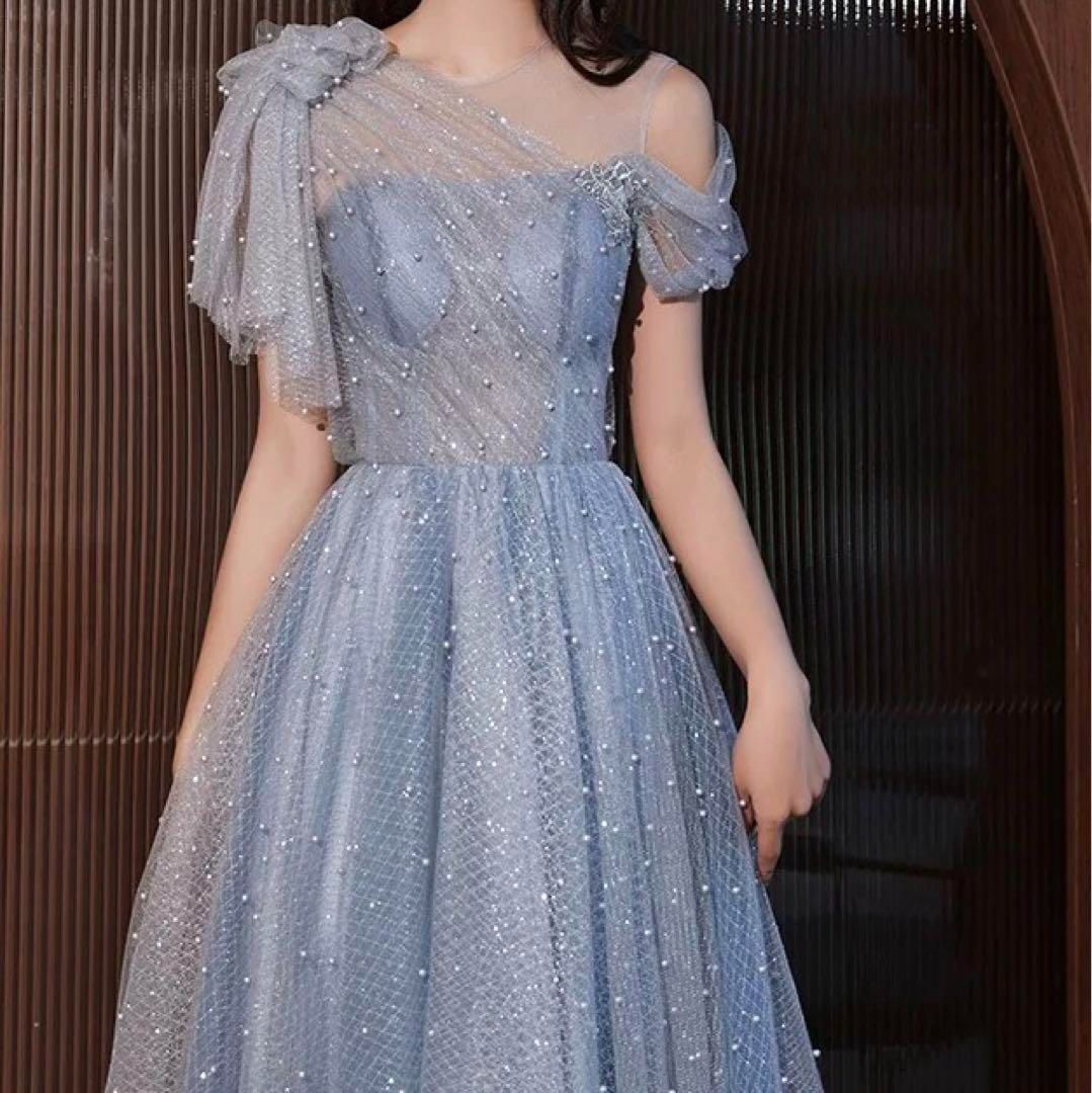 レディースファッション パールにリボンがオシャレなワンショル イブニングドレス .