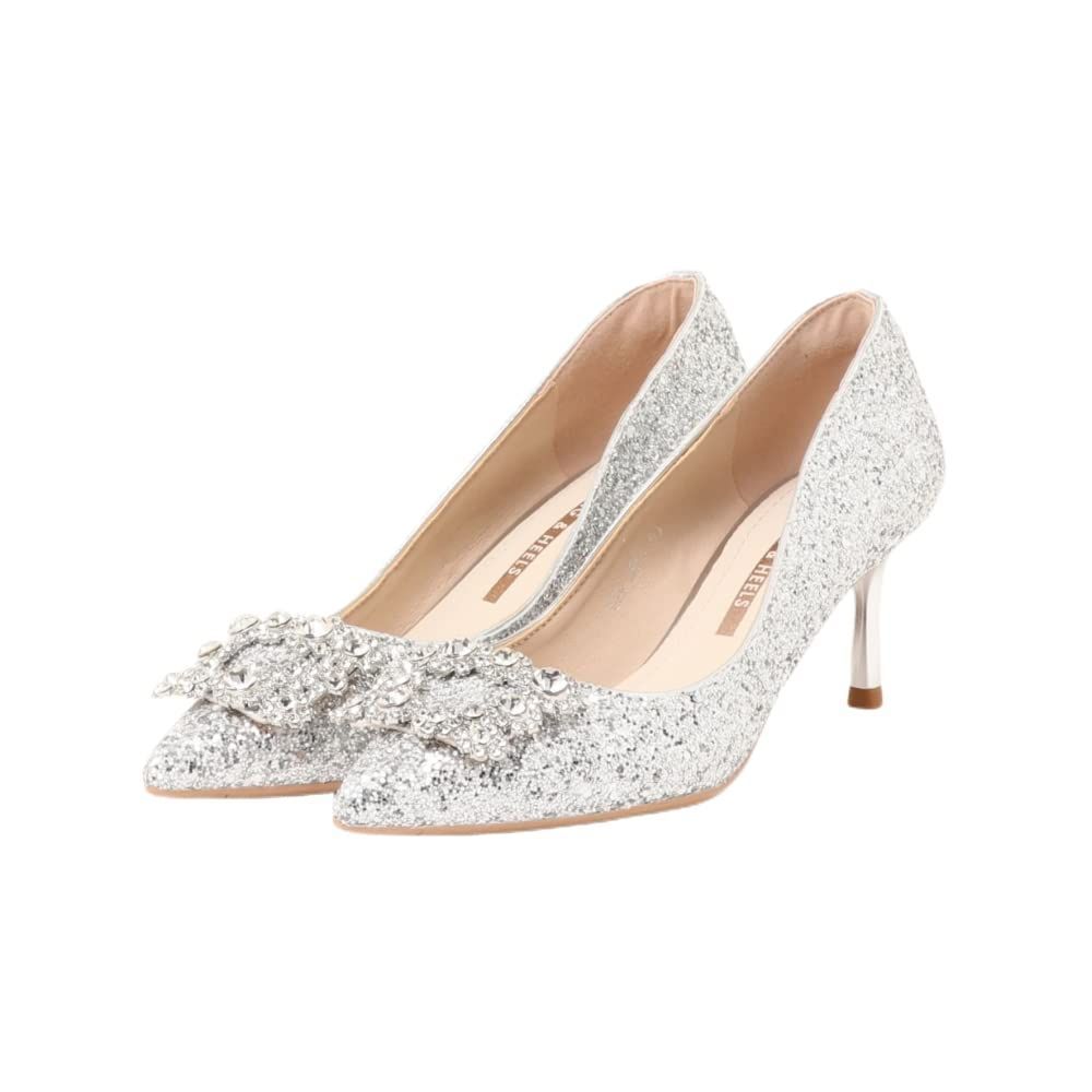 23.0 cm_シルバー アイモハ 結婚式 パンプス シルバー ピンヒール ヒールパンプス パーティー ヒール6.5 cm ビジュー付き ポインテッド セクシー 大人 ドレス イベント エレガント cmエレガントパンプス measu
